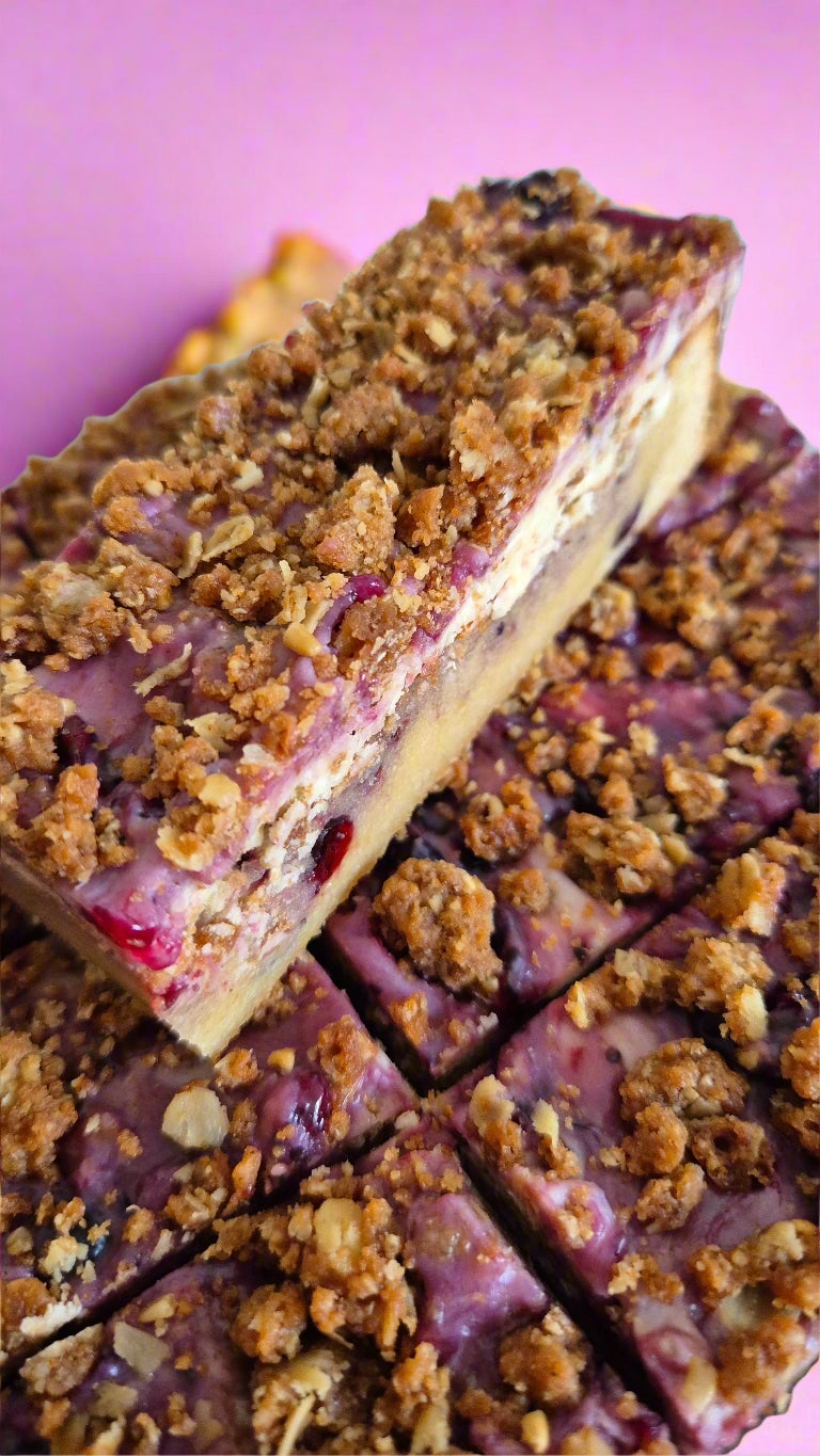 Blackcurrant & Lemon crumble cheesecake style blondie handmade, rich delicious & a perfect treat or gift.