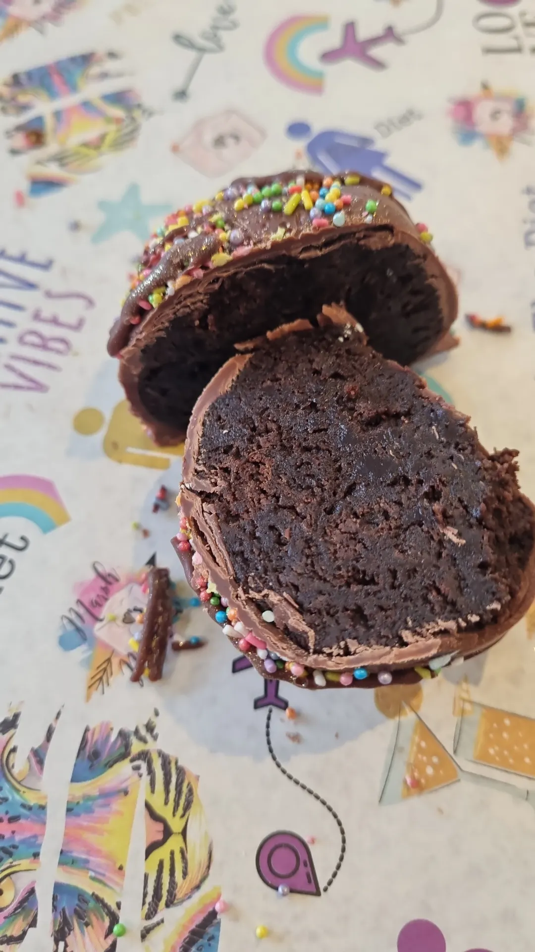 fudgy brownie ball covered in chocolate & sprinkles.
