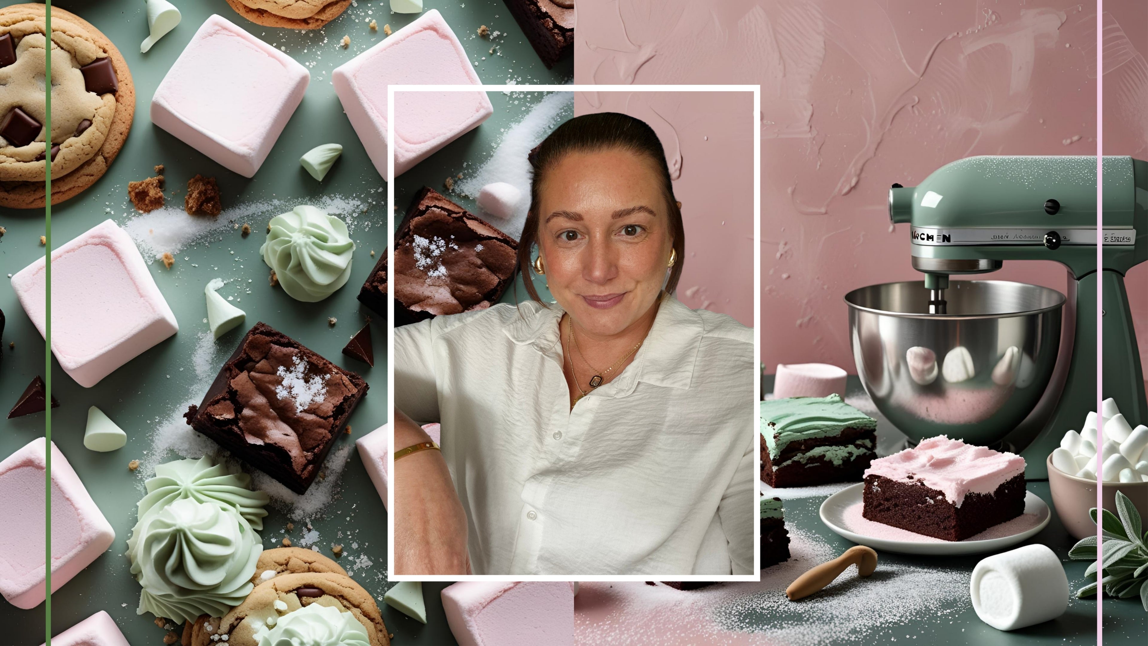 Collage of a woman the marsh loves mallow owner Natalie. Her brunette hair is pulled back in a ponytail and she has on gold earings and a white shirt. She is sitting down. The collage also includes baking ingredients like brownies and marshmallows, and a green mixer with more desserts.