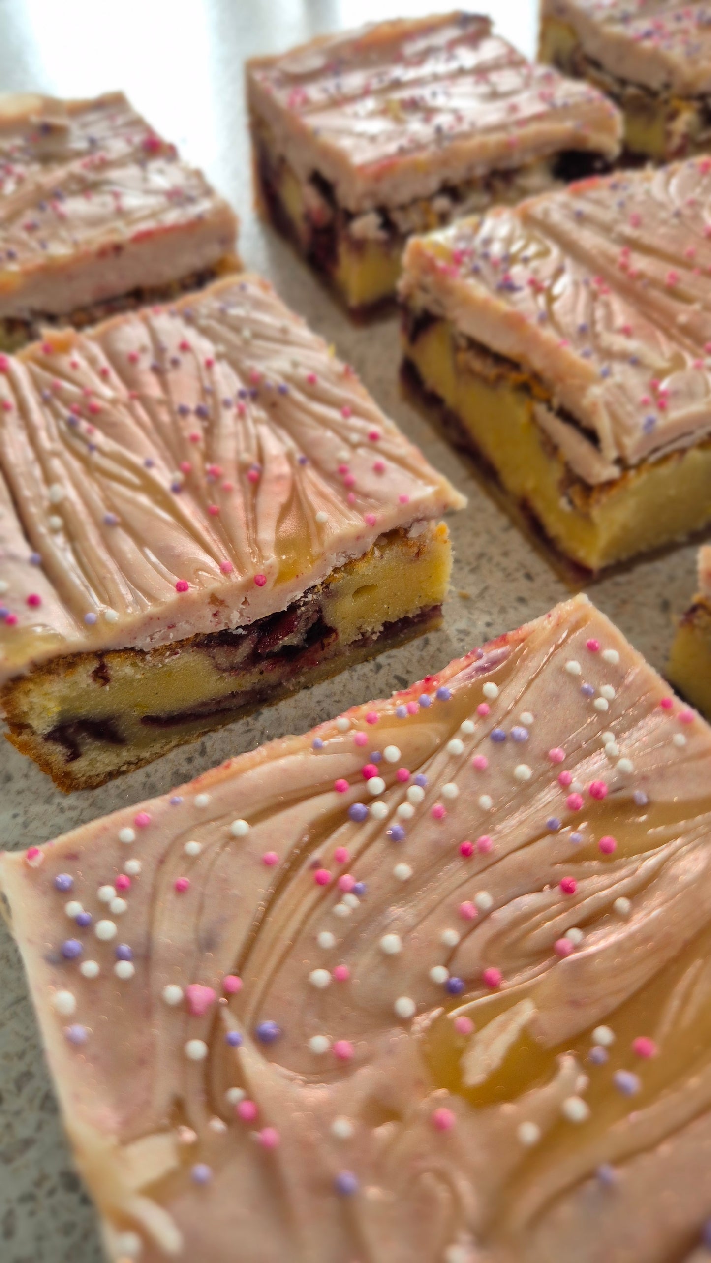 Lemon and Blackcurrant Chocolate Topped Blondie
