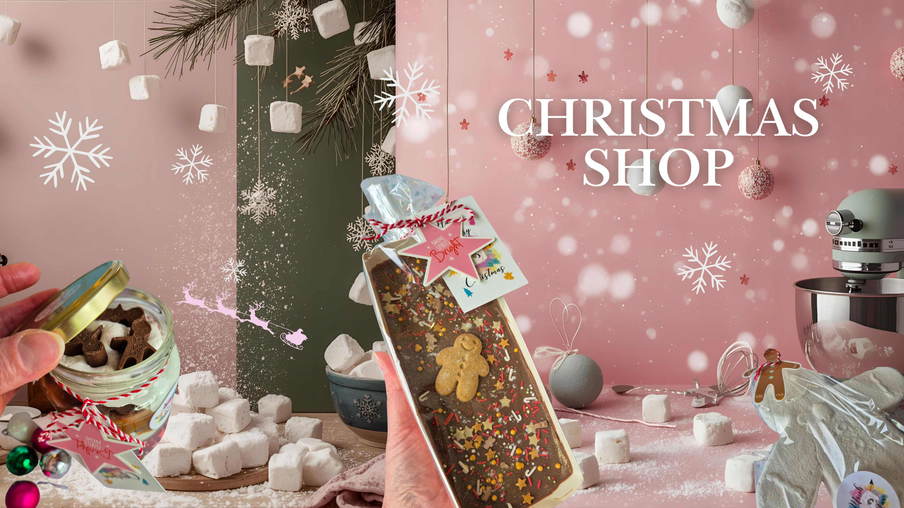 Product display with Christmas-themed items on a pink background, featuring text 'Christmas Shop'.