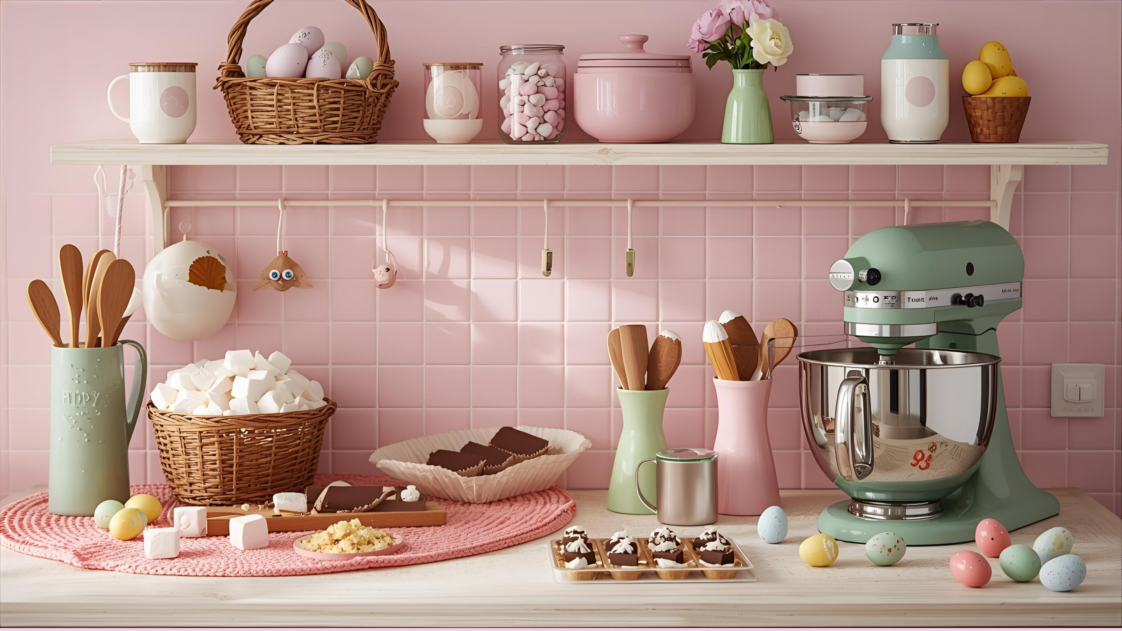 Kitchen setup with a mixer, utensils, and baking items on a pink tiled wall background. Easter themed