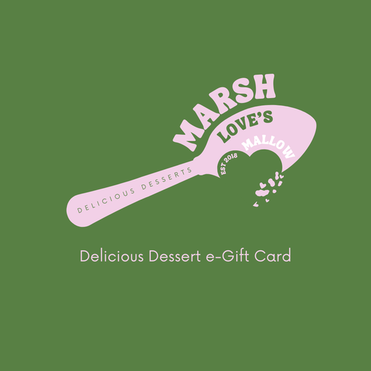 Pink spoon-shaped e-gift card with 'Marsh Love's Mallow' text on a green background