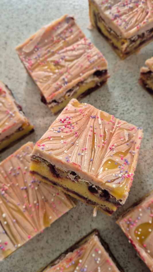 Lemon and Blackcurrant Chocolate Topped Blondie