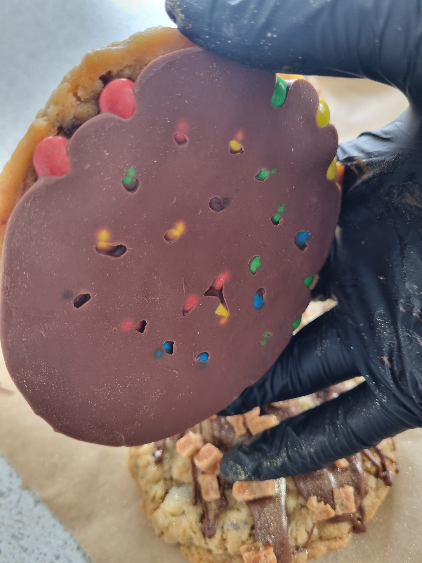 Hidden M&M Chocolate Bottomed Fudge Cookie