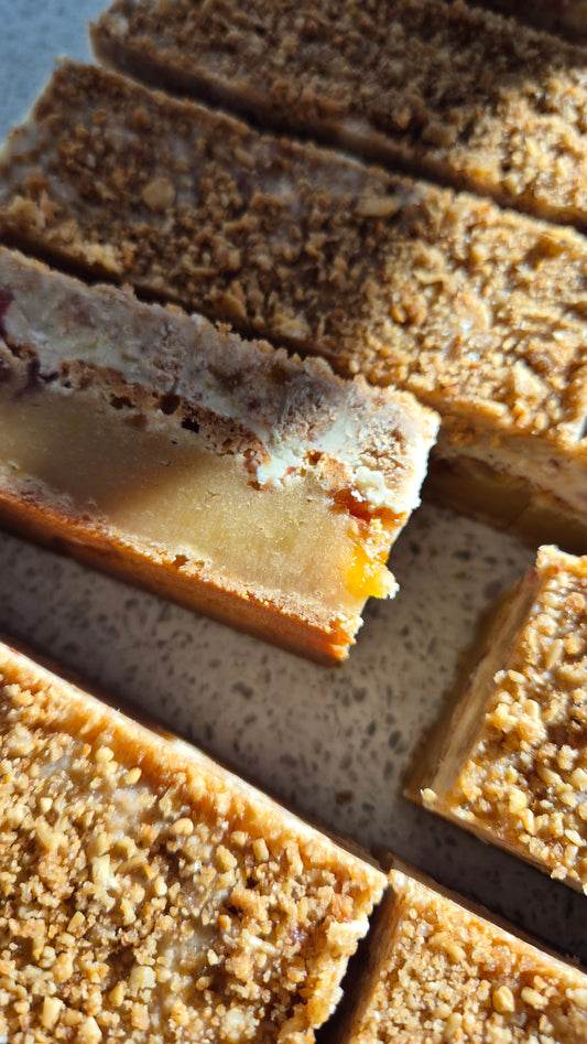 Strawberry & Apricot crumble cheesecake style blondie