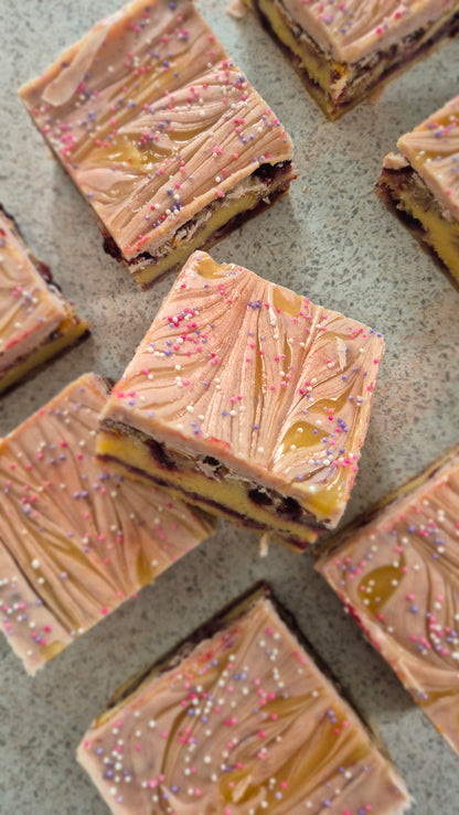 Lemon and Blackcurrant Chocolate Topped Blondie